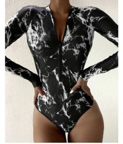 Print Long Sleeve Zip Surfing Suit Zipper One-Piece Swimsuit