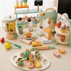 Kids Wooden Toys Coffee Maker Toy Set Cake Ice Cream Tea Time Playset Toddler Pretend Play Kitchen Accessories Gift for Children