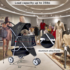 Pet Stroller Jogger Cat Dog Cage 3 Wheels Stroller Travel Folding Carrier Strolling Cart with Cup Holders and Removable Liner 35Lbs Capacity Large Doggie Stroller for Small-Medium Dogs, Cats Black