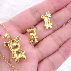 Luxury 18K Yellow Gold, little bear pendant necklace stud earrings