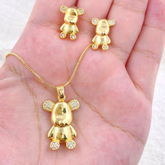 Luxury 18K Yellow Gold, little bear pendant necklace stud earrings