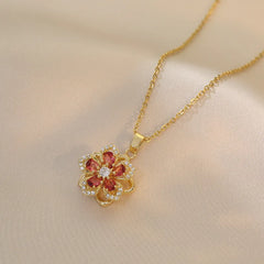 316L Stainless Steel Gold Plated Flower Zirconia Pendant Necklace