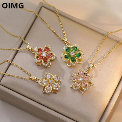 316L Stainless Steel Gold Plated Flower Zirconia Pendant Necklace