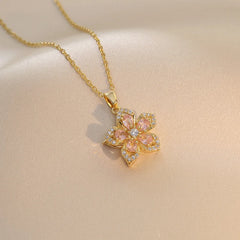 316L Stainless Steel Gold Plated Flower Zirconia Pendant Necklace