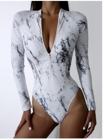 Print Long Sleeve Zip Surfing Suit Zipper One-Piece Swimsuit