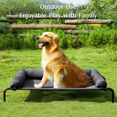 Elevated Dog Bed Cot, Raised Outdoor Dog Bed with Bolster for Large Dogs, Slightly Chew Proof Portable Cooling Pet Cot with Breathable Mesh, Skid-Resistant Feet, Grey, 43 Inches