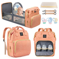 Diaper Bag Backpack with Changing Station & Foldable Crib