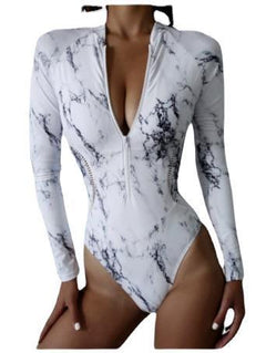 Print Long Sleeve Zip Surfing Suit Zipper One-Piece Swimsuit